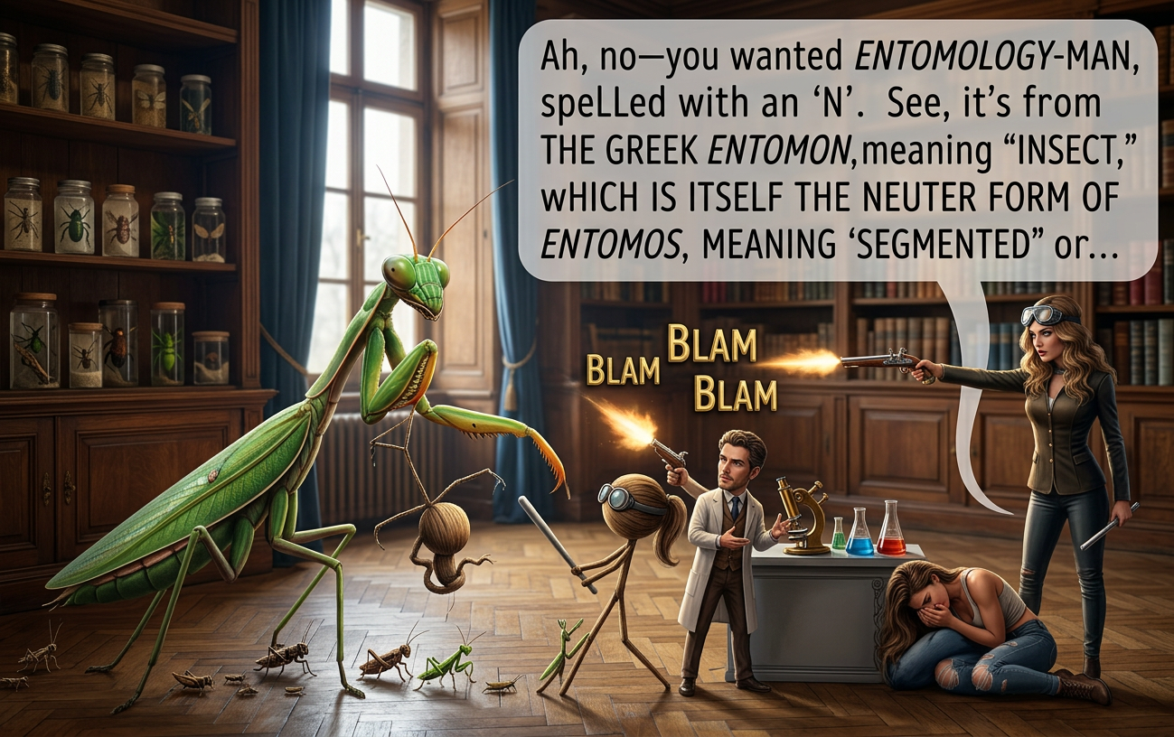 Hi! Someone call for me? I'm a superhero who specializes in the study of God's creation of Man in the Book of Genesi-- HOLY SHIT A GIANT BUG!