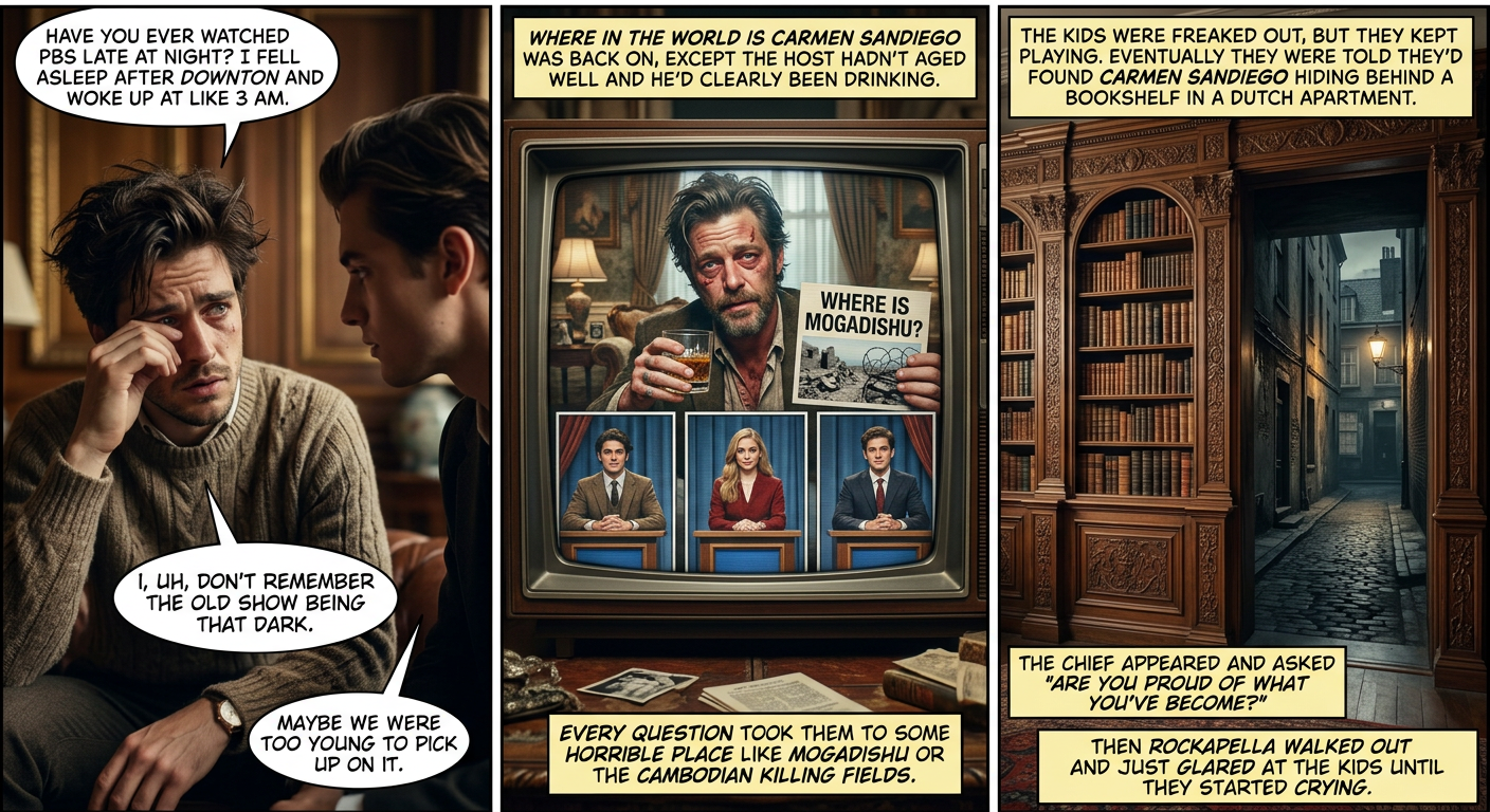 Then it switched to these old black-and-white tapes of Bob Ross slumped against the wall of an empty room, painting the least happy trees you've ever seen. Either PBS needs to beef up studio security or I need to stop using Ambien to sleep.