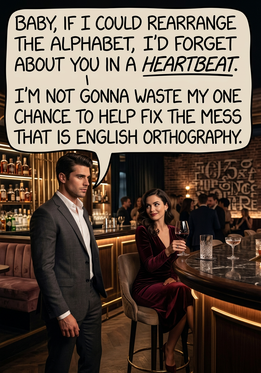 Do I get to remove letters entirely? Or just rearrange them? Because the 'k/c' situation is ridiculous. Look, we can make out whenever. This is *immortality*!