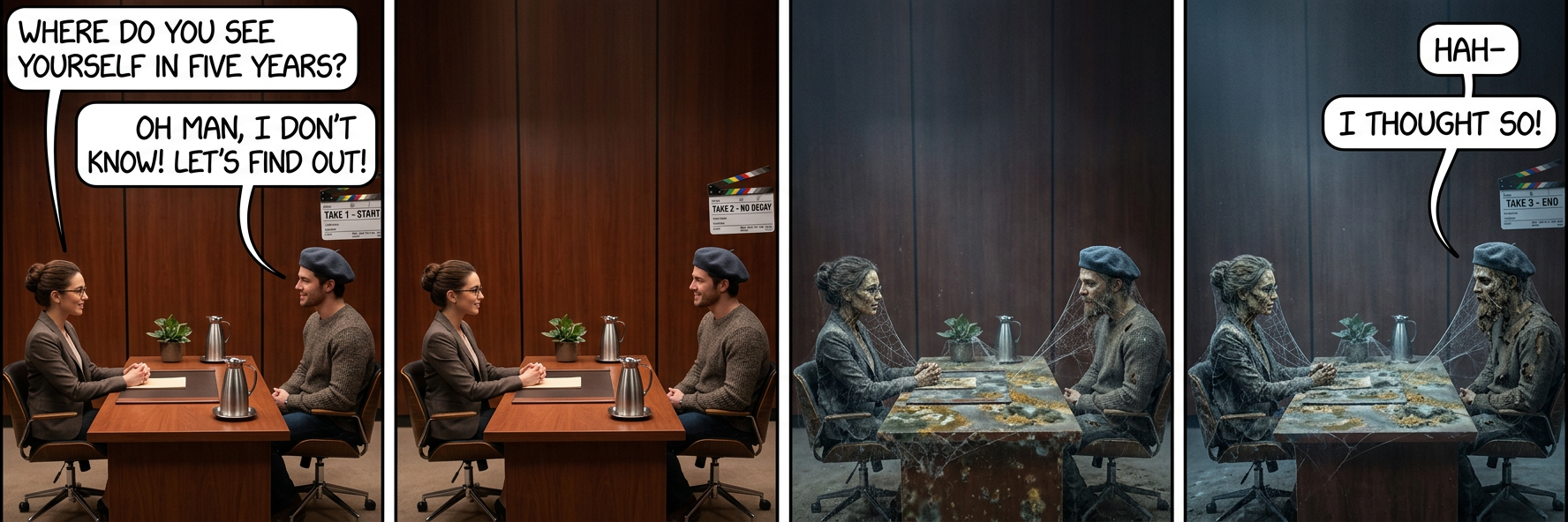 'Well, no further questions. You're hired!' 'Oh, sorry! I'm no longer interested. There's a bunch of future I gotta go check out!'