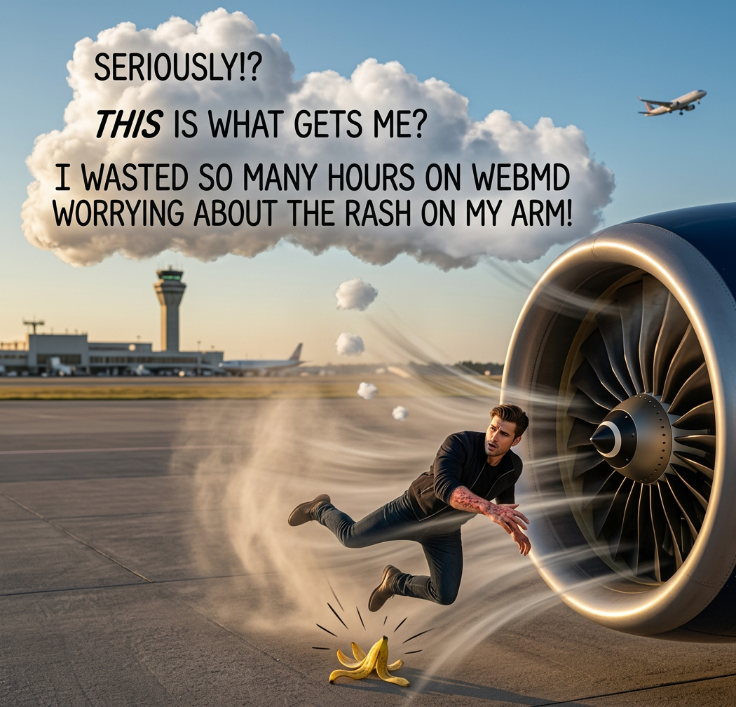 BUT WHAT IF I REASSURE MYSELF WITH A JOKE AND THEN DON'T WORRY ABOUT THE RASH AND IT TURNS OUT TO BE DEATH MITES AND I COULD HAVE CAUGHT IT