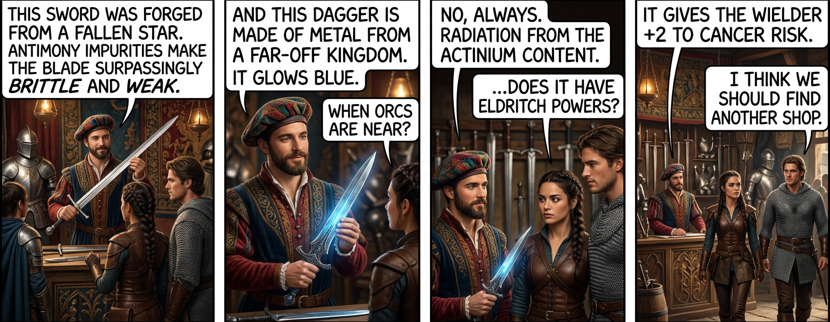 This exotic blade was wrought from a different fallen star. The meteorite was a carbonaceous chondrite, so it's basically a lump of gravel glued into the shape of a sword. A SPACE sword!