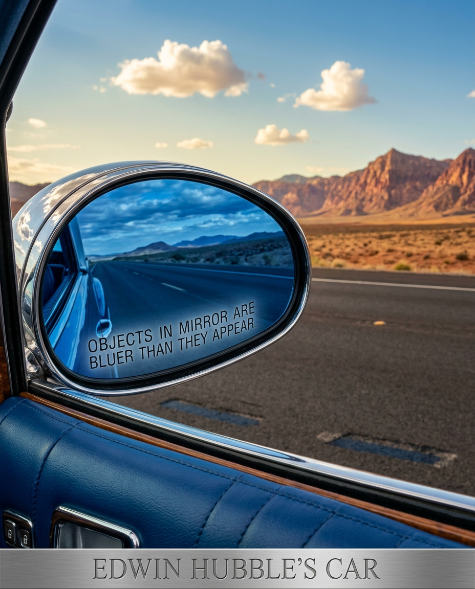 Universes in mirror, like those in windshield, are larger than they appear.