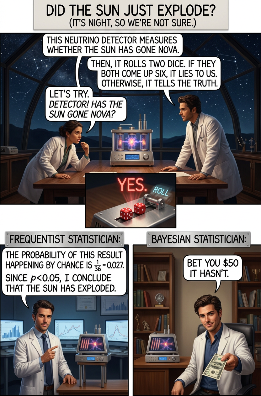 'Detector! What would the Bayesian statistician say if I asked him whether the--' [roll] 'I AM A NEUTRINO DETECTOR, NOT A LABYRINTH GUARD. SERIOUSLY, DID YOUR BRAIN FALL OUT?' [roll] '... yes.'