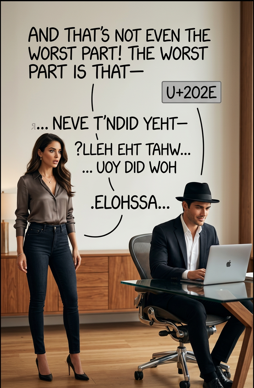 Collaborative editing can quickly become a textual rap battle fought with increasingly convoluted invocations of U+202a to U+202e.