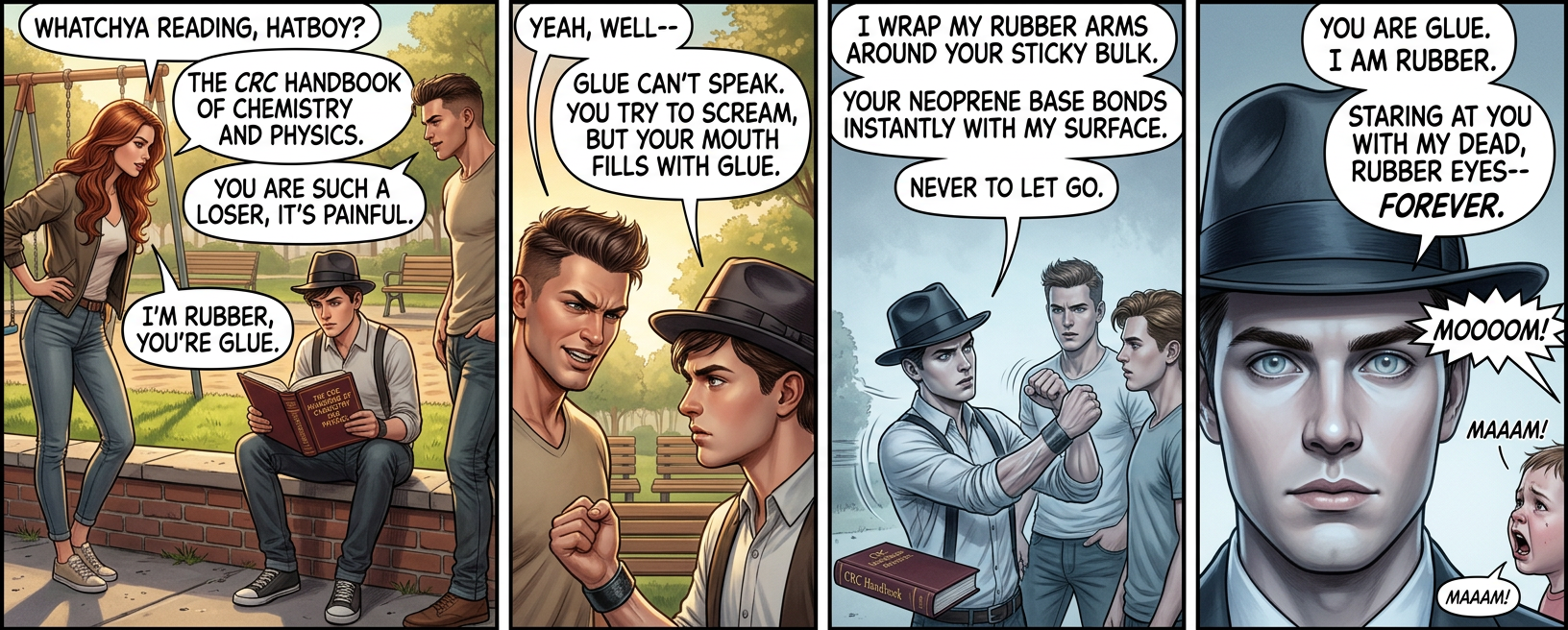 I'm rubber. You're rubber. We contemplate the reality of our existence in mute, vulcanized horror.