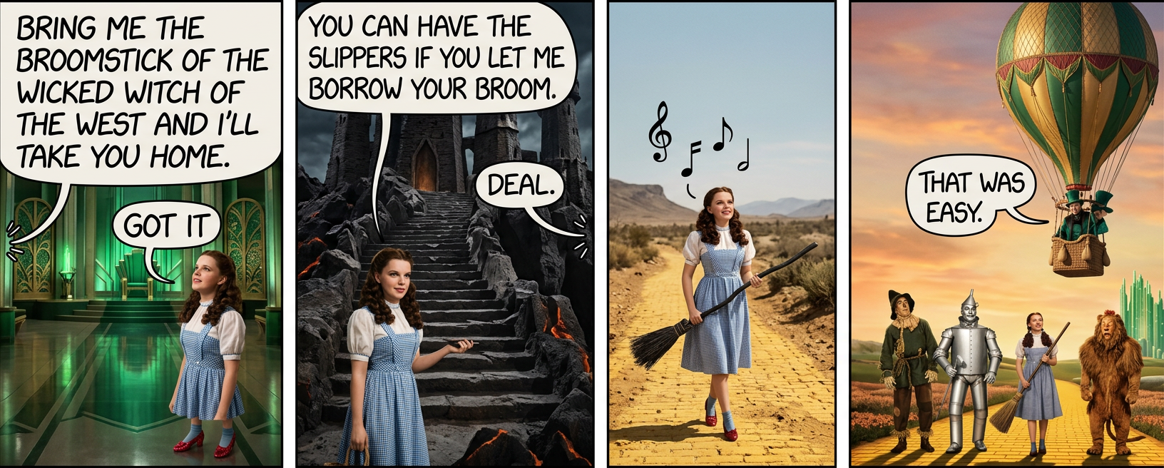 'Broom first, then slippers.' 'How do I know you'll return the broom once you've secured your ticket?' 'I'll leave my little dog as collateral.' 'Great. Pleasure doing business!'