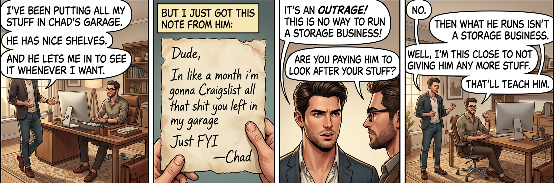 I'm gonna call the cops and get Chad arrested for theft, then move all my stuff to the house across the street. Hopefully the owners there are more responsible.