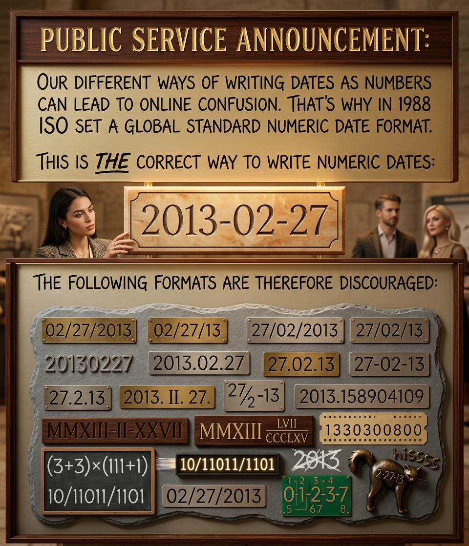 ISO 8601 was published on 06/05/88 and most recently amended on 12/01/04.