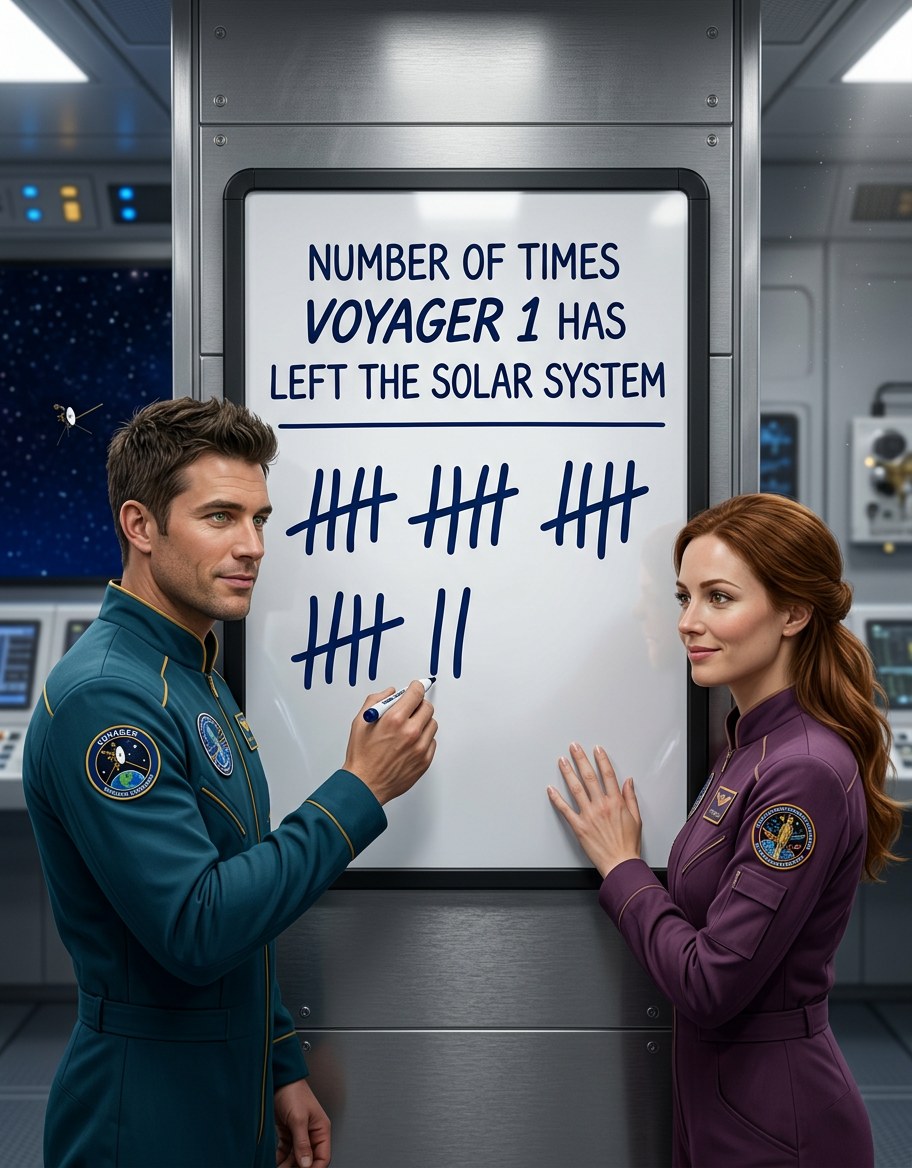 So far Voyager 1 has 'left the Solar System' by passing through the termination shock three times, the heliopause twice, and once each through the heliosheath, heliosphere, heliodrome, auroral discontinuity, Heaviside layer, trans-Neptunian panic zone, magnetogap, US Census Bureau Solar System statistical boundary, Kuiper gauntlet, Oort void, and crystal sphere holding the fixed stars.