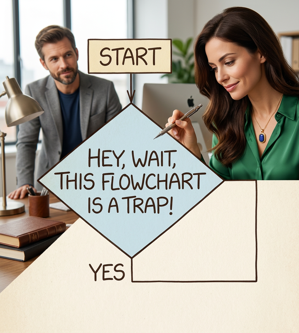 The way out is to use the marker you have to add a box that says 'get a marker' to the line between you and 'start', then add a 'no' line from the trap box to 'end'.