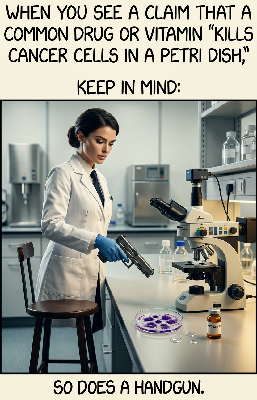 Now, if it selectively kills cancer cells in a petri dish, you can be sure it's at least a great breakthrough for everyone suffering from petri dish cancer.