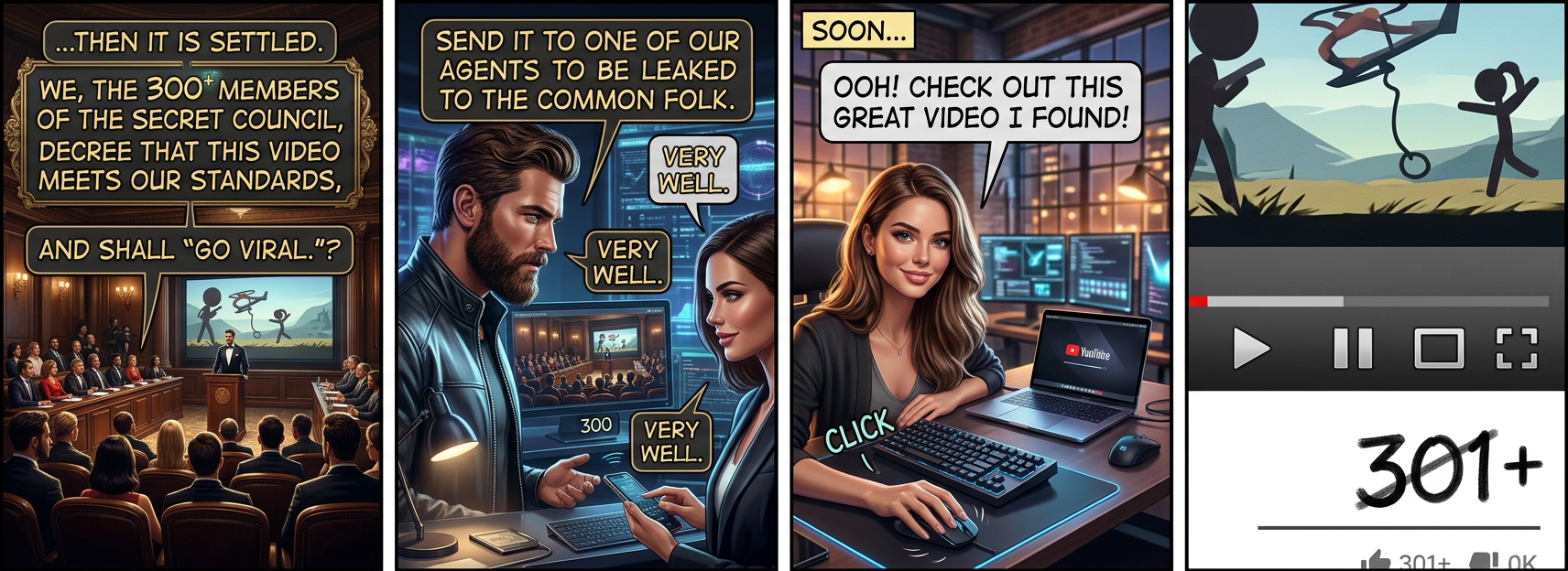 'And hypnotize someone into thinking they've uploaded it and passed it around.' 'But then won't the uploader get suspicious that it pauses at 301+ for a while? Why don't we just forge the number entirel--' ::BLAM:: 'The Council of 299 is adjourned.'