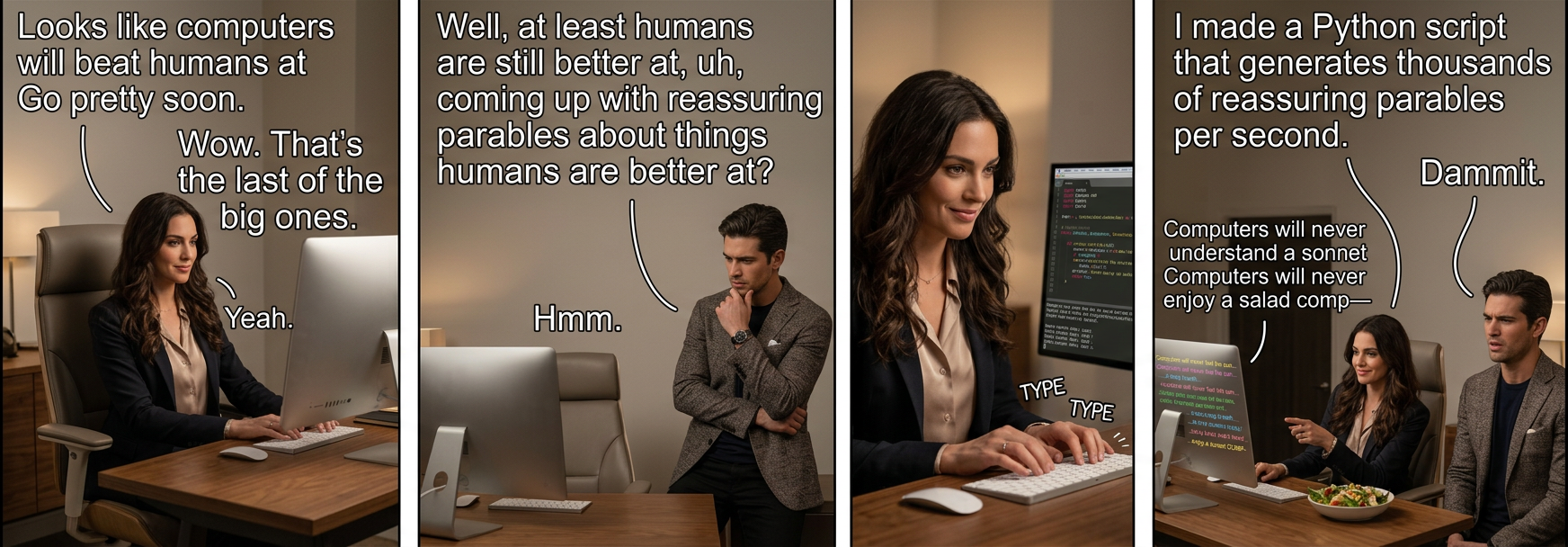 'At least humans are better at quietly amusing ourselves, oblivious to our pending obsolescence' thought the human, as a nearby Dell Inspiron contentedly displayed the same bouncing geometric shape screensaver it had been running for years.