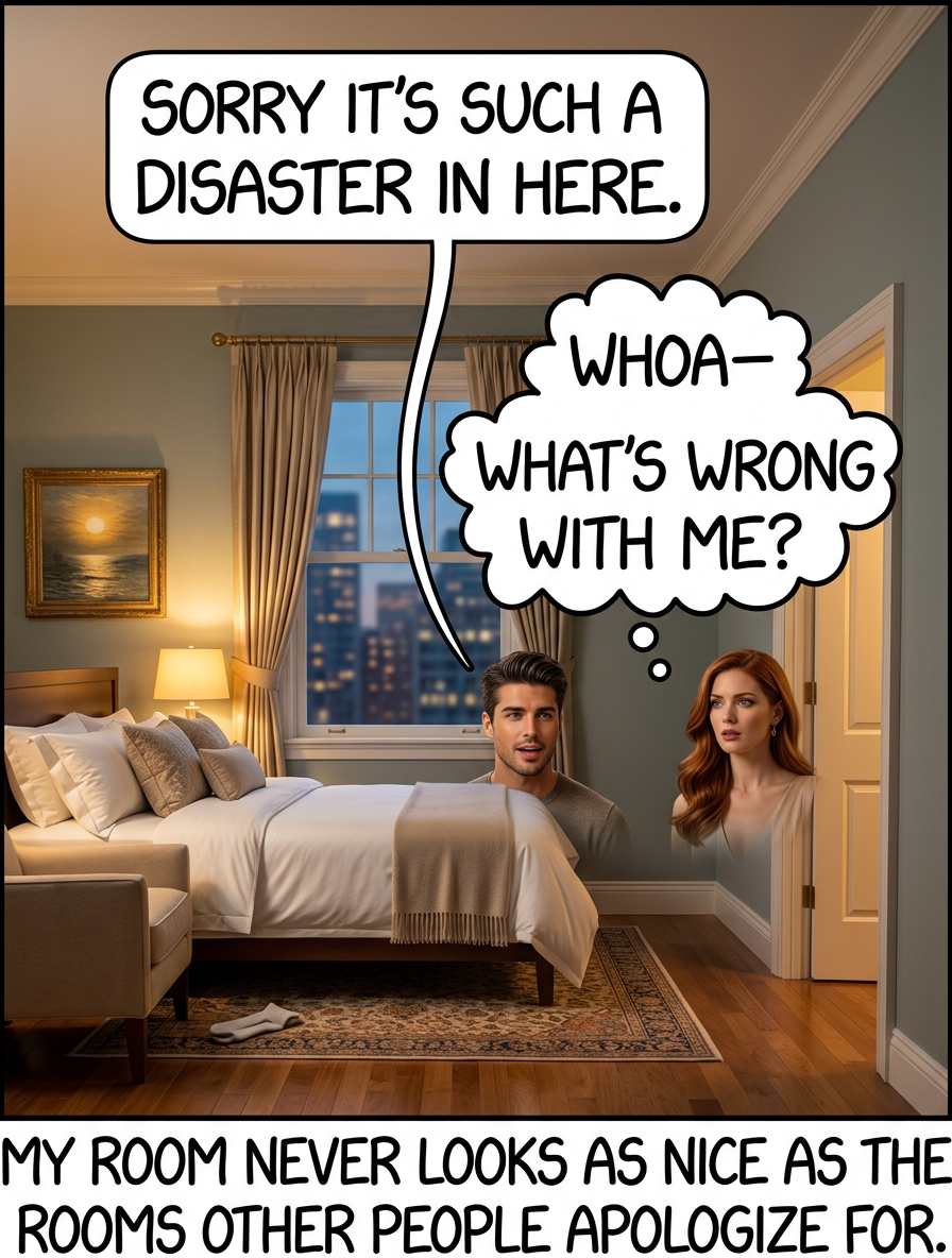 'Sorry, I left out my glass of water from last night.' OH GOD I APPARENTLY LIVE IN A GARBAGE PIT.