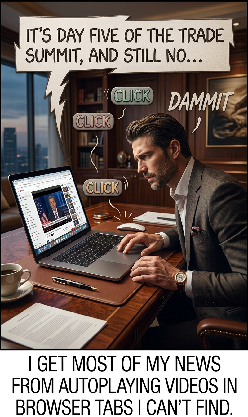 If you find and stop the video, but you've--against all odds--gotten curious about the trade summit, just leave the tab opened. It will mysteriously start playing again 30 minutes later!