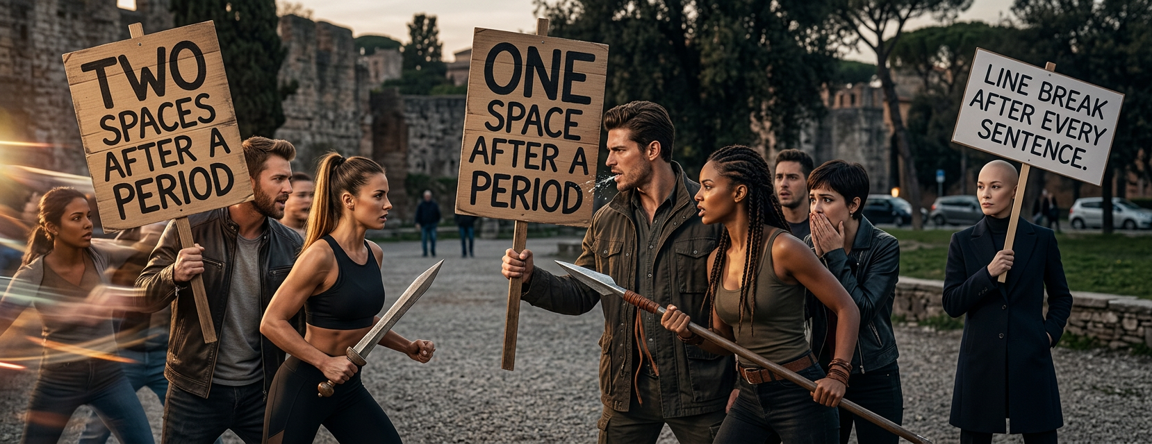 'The monospaced-typewriter-font story is a COMPLETE FABRICATION!  WAKE UP, SHEEPLE' 'It doesn't matter! Studies support single spaces!' 'Those results weren't statistically significant!' 'Fine, you win. I'm using double spaces right now!' 'Are not!  We can all hear your stupid whitespace.'