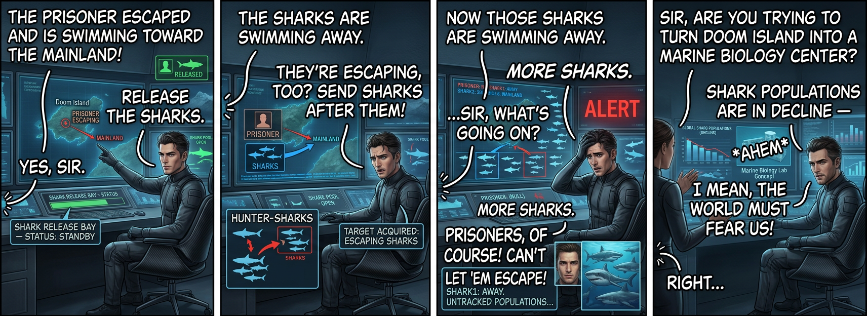 'Now, minions, I'm off to inspect our shark cages.' 'Do you really need to inspect them this often?' 'PRISONERS MUST NEVER ESCAPE.'