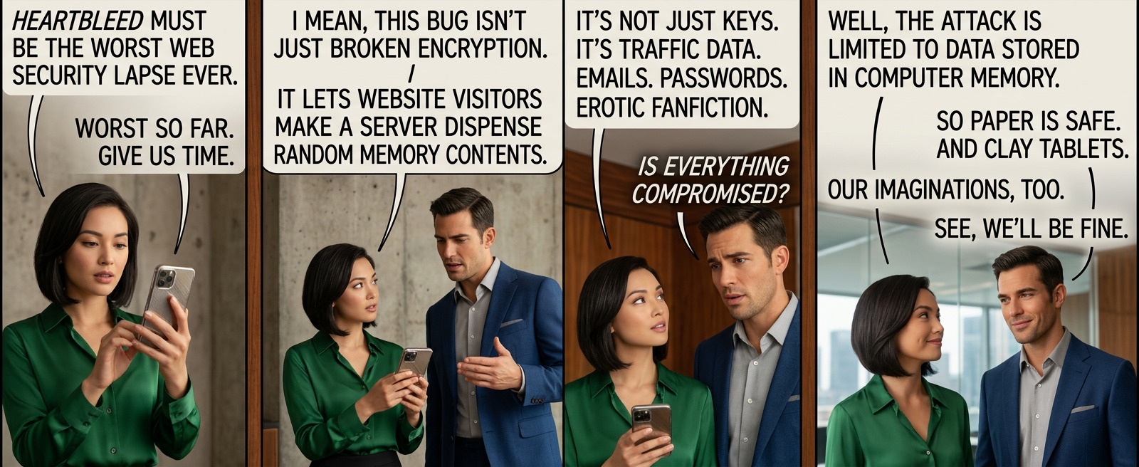I looked at some of the data dumps from vulnerable sites, and it was ... bad. I saw emails, passwords, password hints. SSL keys and session cookies. Important servers brimming with visitor IPs. Attack ships on fire off the shoulder of Orion, c-beams glittering in the dark near the Tannhäuser Gate. I should probably patch OpenSSL.