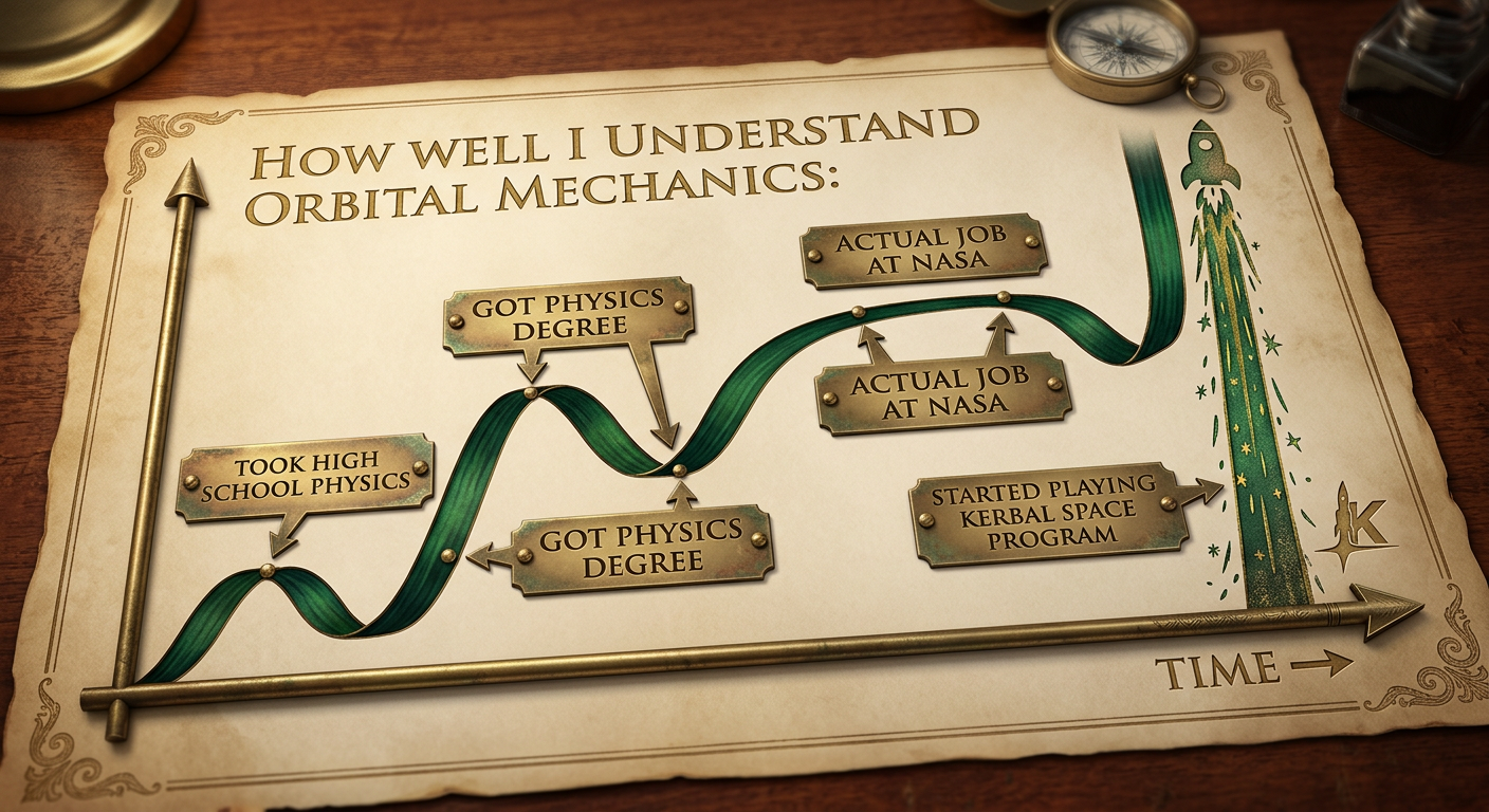 To be fair, my job at NASA was working on robots and didn't actually involve any orbital mechanics. The small positive slope over that period is because it turns out that if you hang around at NASA, you get in a lot of conversations about space.