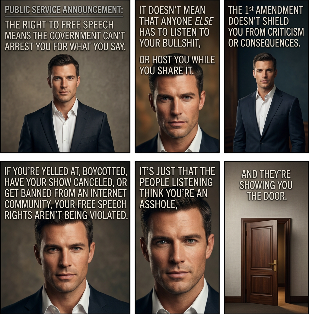 I can't remember where I heard this, but someone once said that defending a position by citing free speech is sort of the ultimate concession; you're saying that the most compelling thing you can say for your position is that it's not literally illegal to express.