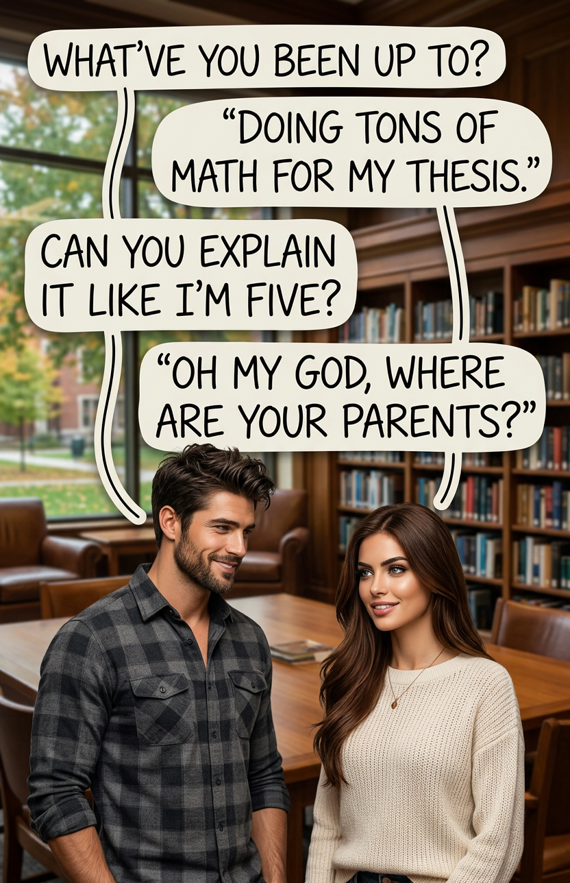 'Am I taking care of you? I have a thesis to write!' 'My parents are at their house; you visited last--' 'No, no, explain like you're five.'