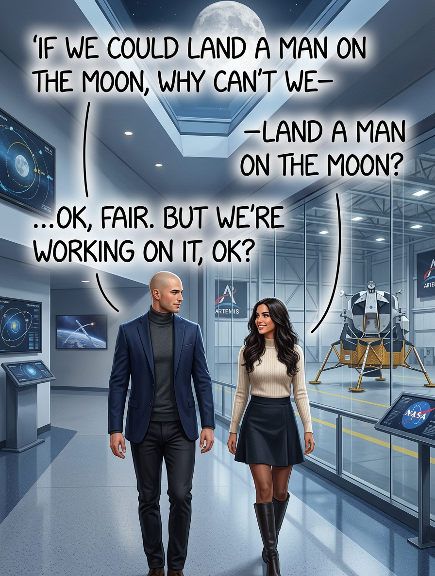 "I believe that this nation should commit itself to achieving the goal, before this decade is out, of landing a man on Venus and returning him safely to--" [an aide frantically whispers in the president's ear for a moment] "... of landing a man on Venus."
