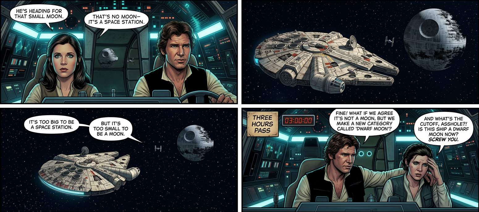 GENERAL JAN DODONNA: An analysis of the plans provided by Princess Leia has reinvigorated the arguments of the 'artificial moonlet' and 'rogue planet-station' camps. I fear this question is fracturing the Rebellion.