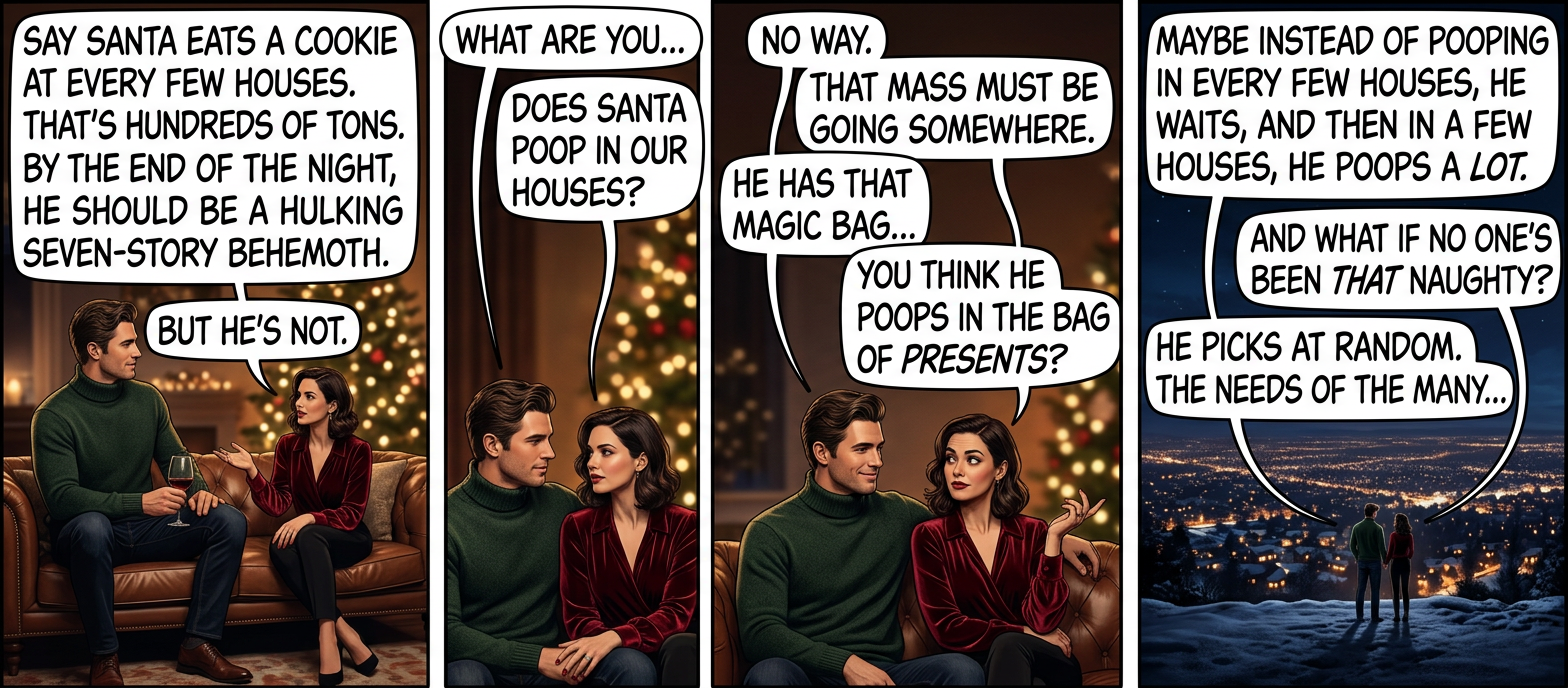 He probably just poops over the side of the sleigh.