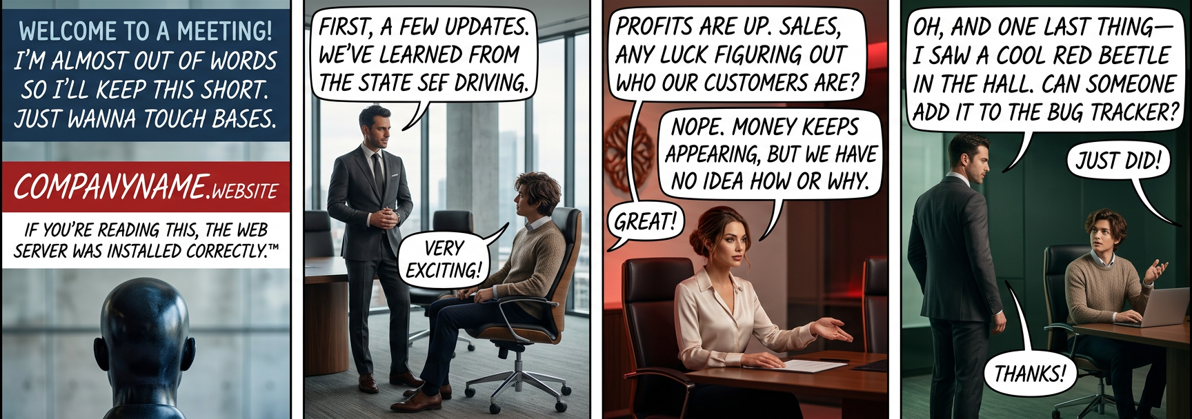 Here at CompanyName.website, our three main strengths are our web-facing chairs, our huge collection of white papers, and the fact that we physically cannot die.