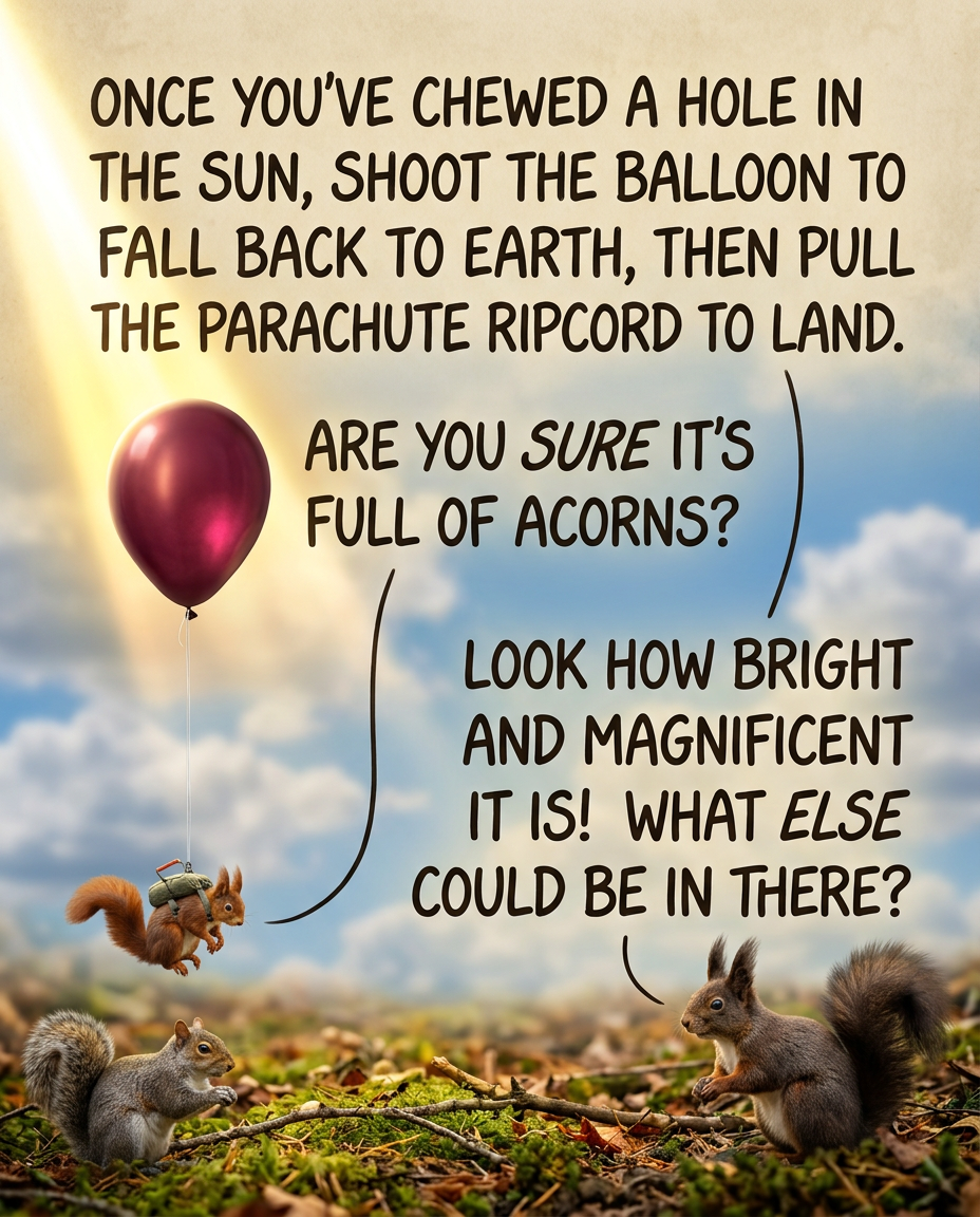 [Halfway to the Sun ...] Heyyyy ... what if this BALLOON is full of acorns?!