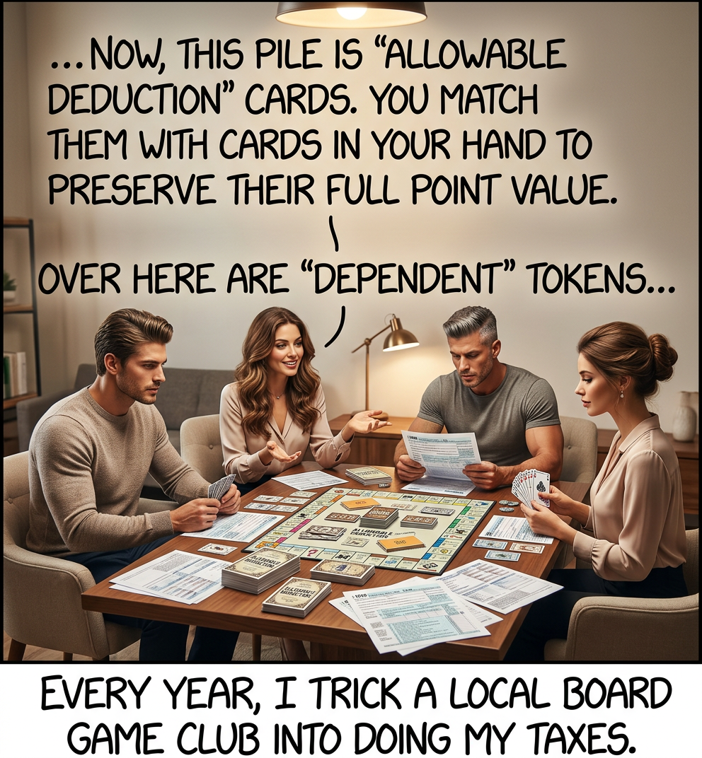 Yes, it took a lot of work to make the cards and pieces, but it's worth it--the players are way more thorough than the tax prep people ever were.