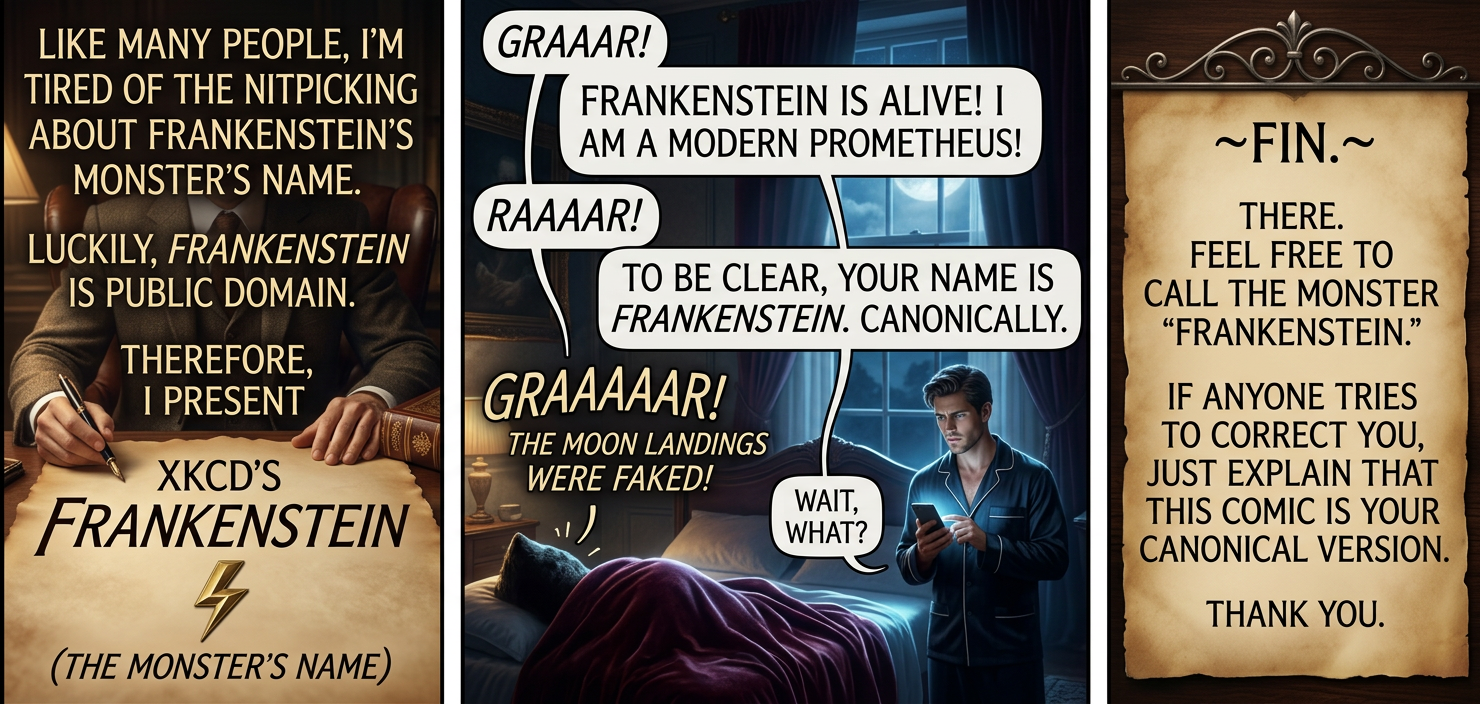 "Wait, so in this version is Frankenstein also the doctor's name?" "No, he's just 'The Doctor'."