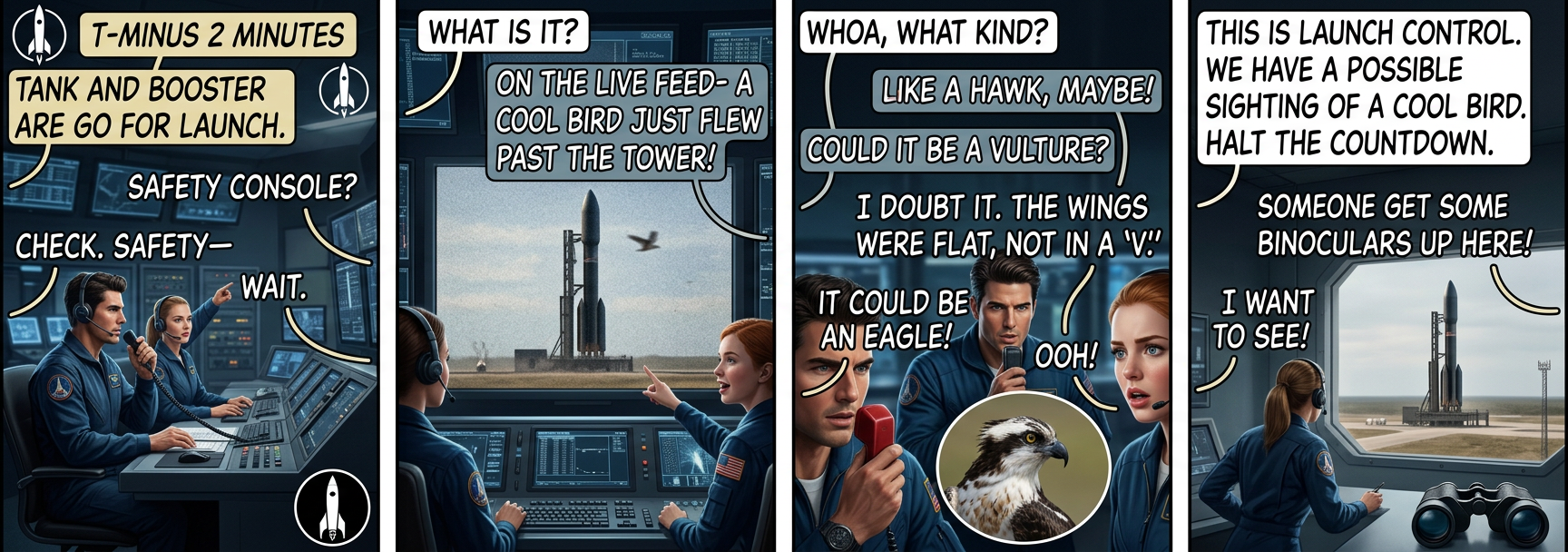 Visual checks suggest the cool bird has exited the launch zone. Tip the rocket sideways and resume the countdown--we're gonna go find it!