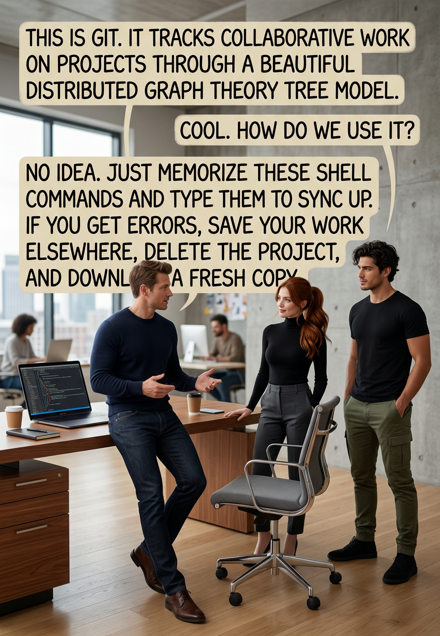 If that doesn't fix it, git.txt contains the phone number of a friend of mine who understands git. Just wait through a few minutes of 'It's really pretty simple, just think of branches as...' and eventually you'll learn the commands that will fix everything.