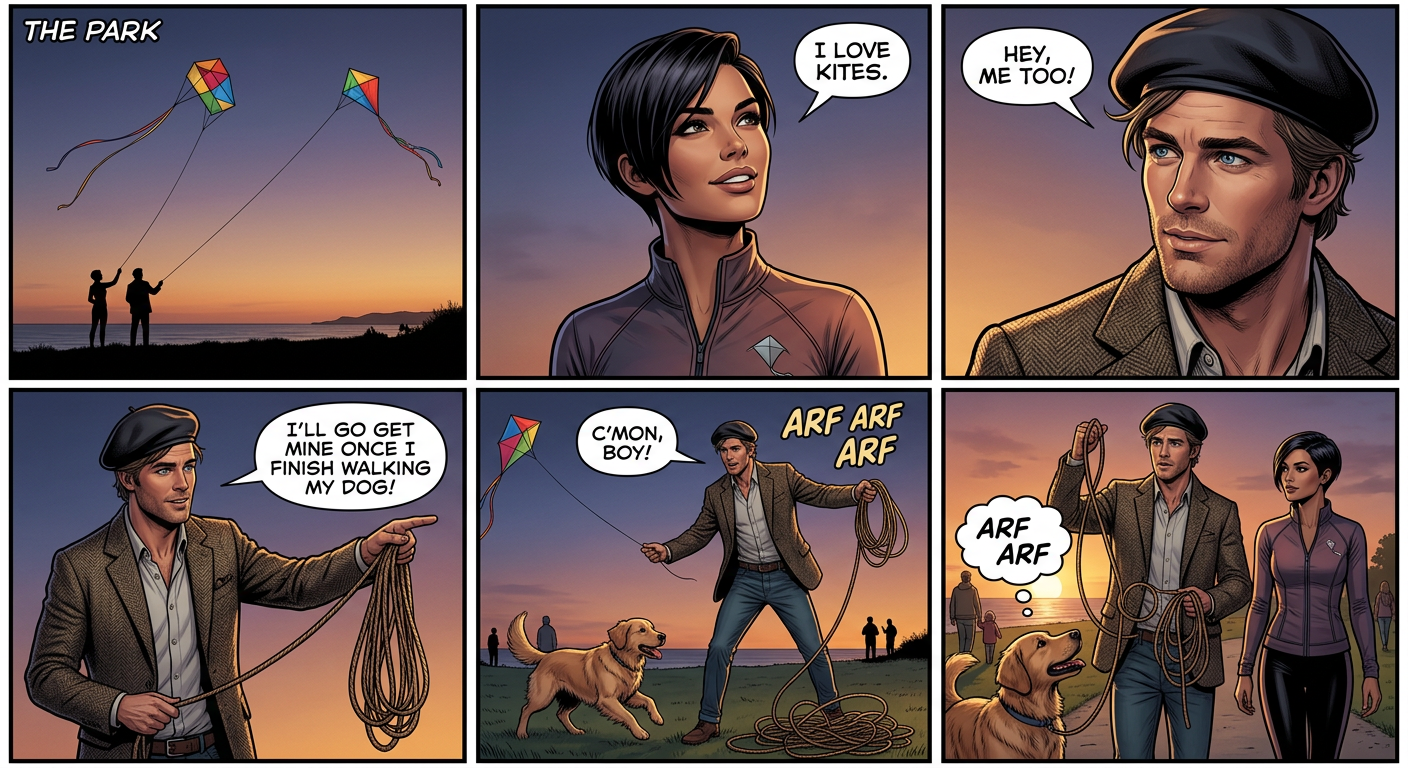 [Dog returns with the end of a string in its mouth] [Voice drifts down from the sky] Kites are fun!