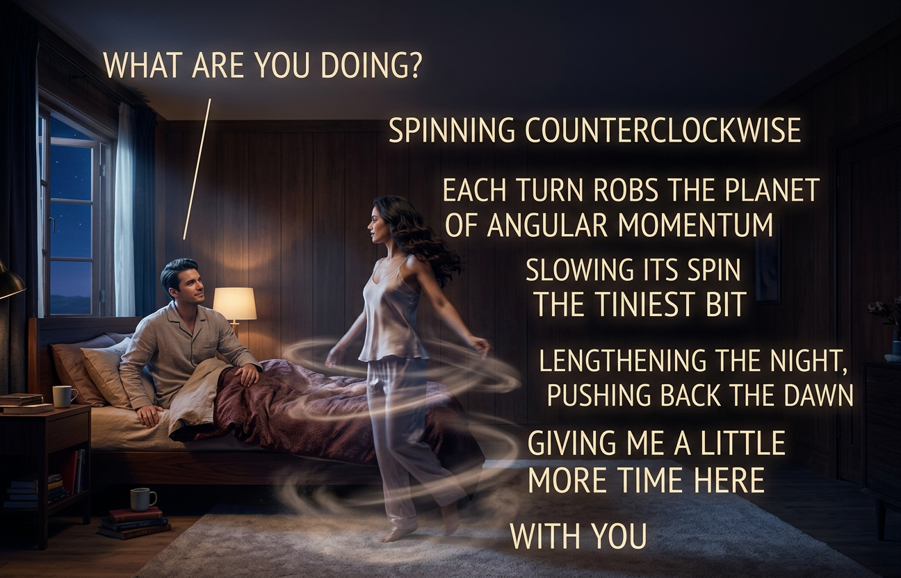 With reasonable assumptions about latitude and body shape, how much time might she gain them?  Note: whatever the answer, sunrise always comes too soon. (Also, is it worth it if she throws up?)