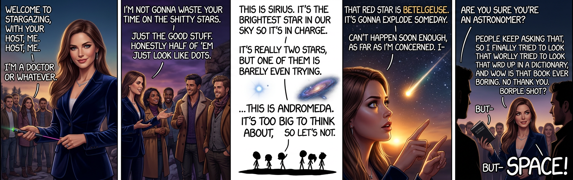 Some of you may be thinking, 'But wait, isn't the brightest star in our sky the Sun?' I think that's a great question and you should totally ask it. On the infinite tree of possible conversations spread out before us, I think that's definitely the most promising branch.