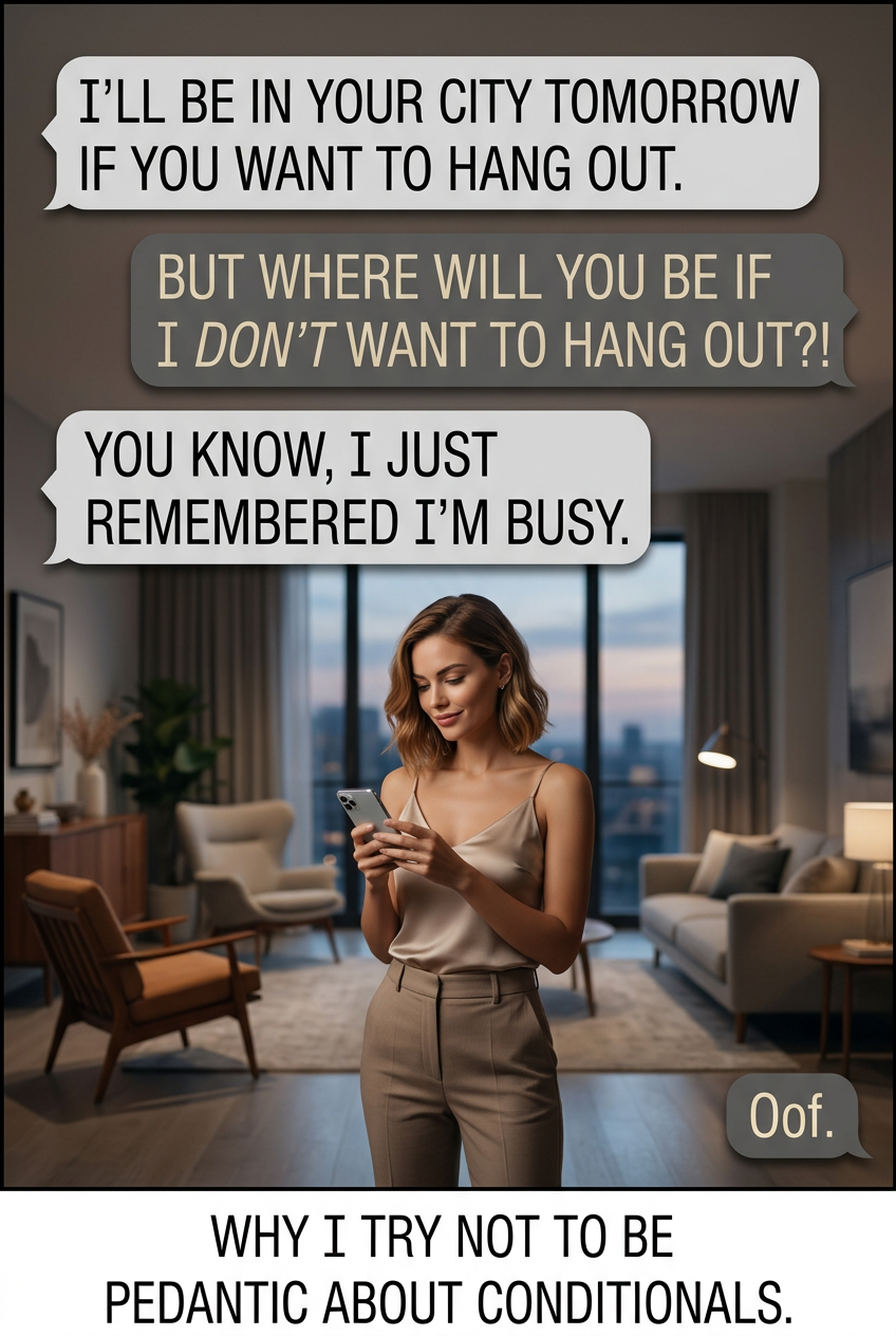 'If you're done being pedantic, we should get dinner.' 'You did it again!' 'No, I didn't.'