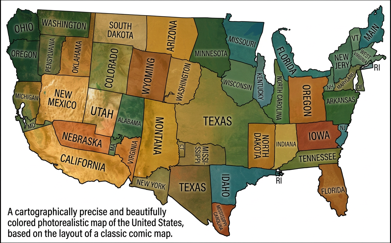 It would be pretty unfair to give to someone a blank version of this map as a 'how many states can you name?' quiz. (If you include Alaska and Hawaii, you should swap the Aleutian Islands with the Hawaiian ones.)