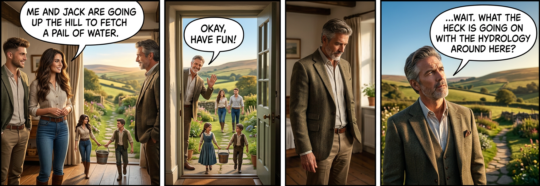 Jill and Jack / began to frack. / The oil boosts their town. / But fractures make / the bedrock shake / and Jack came tumbling down.