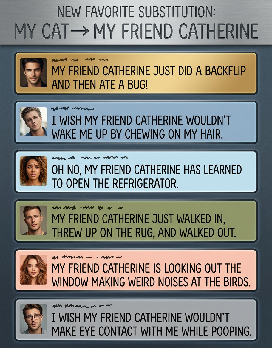 I can't get any work done because my friend Catherine is sitting on my keyboard.