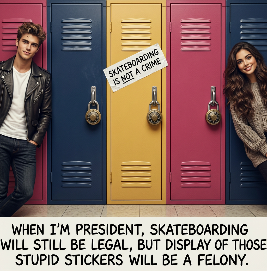 'Arrest me, I'm a skateboarder' is an even more obnoxious variant.