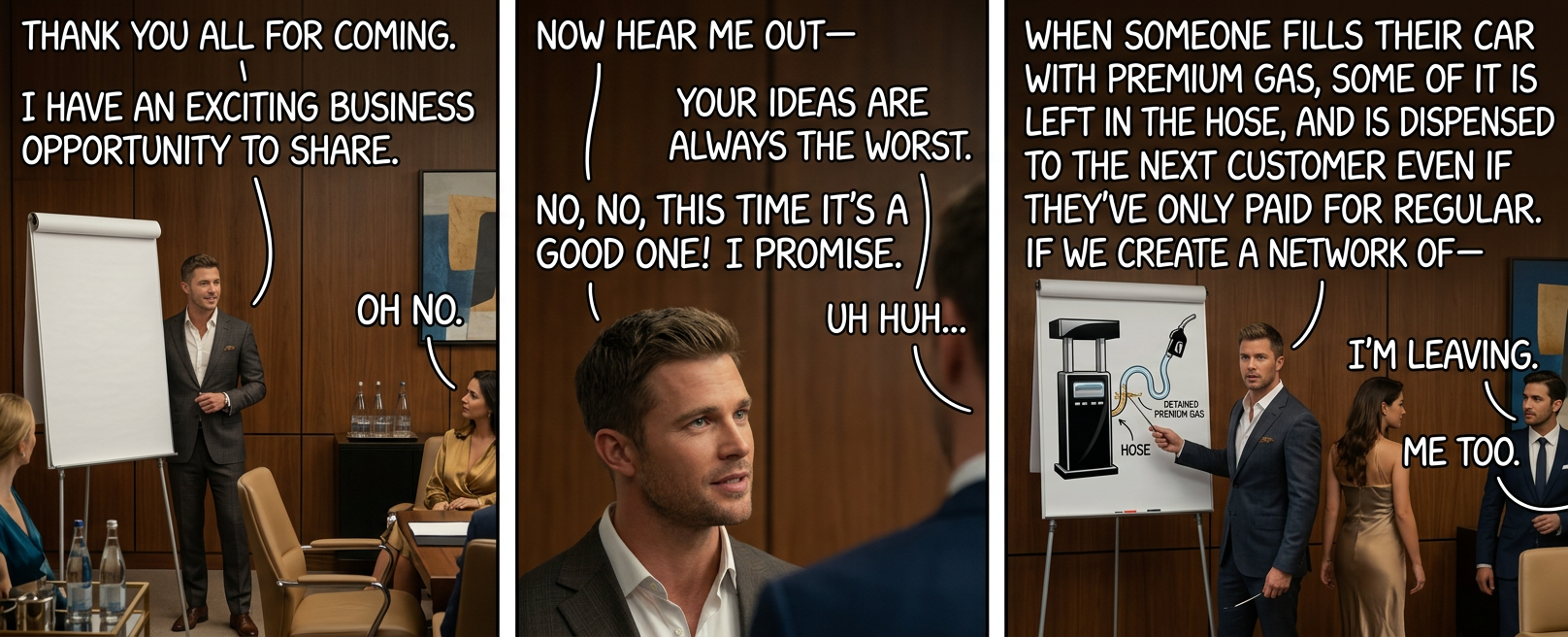 Then we move to phase two. Gas stations store fuel in underground tanks. Normally, these are inaccessible except via the pump. However, with hydraulic fracturing, we-- Wait! Come back!