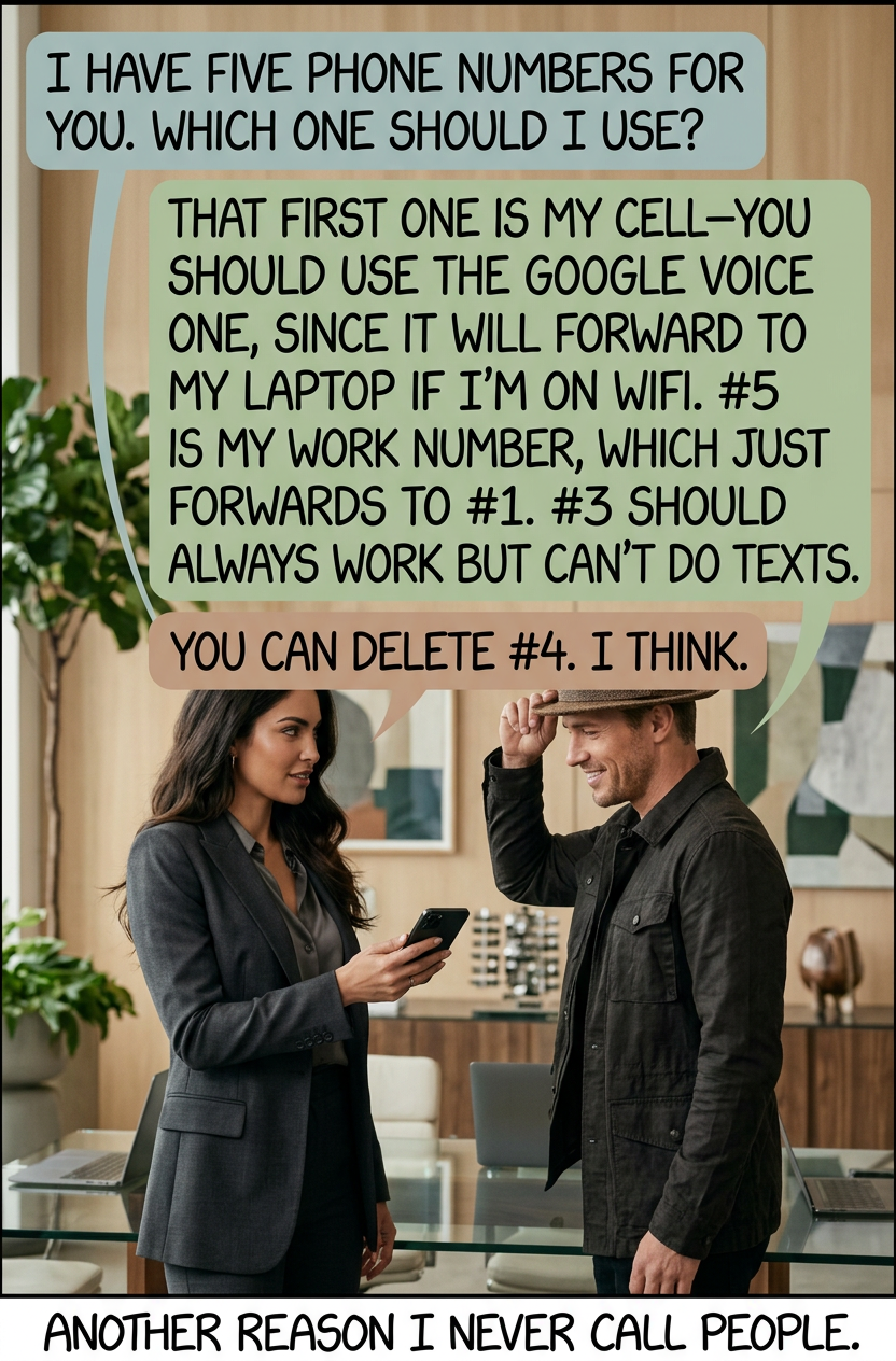Texting should work. Unless the message is too long, in which case it gets converted to voicemails, and I think I'm locked out of my voicemail.