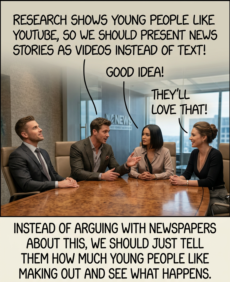 "So, like, sexy news videos?" "No, people have tried that--it's still just video content. We need to actually inform people THROUGH making out. I would call it 'Mouth Content,' but I think that's already the title of a Neil Cicierega album."