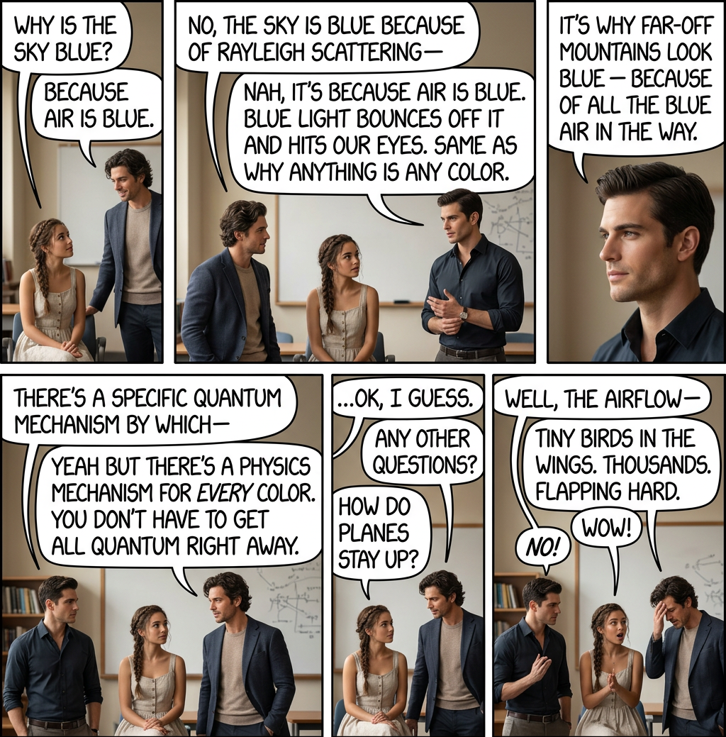 If you ask "why are leaves green?" the usual answer is "because they're full of chlorophyll, and chlorophyll is green," even though "why does chlorophyll scatter green light?" is a great question too.