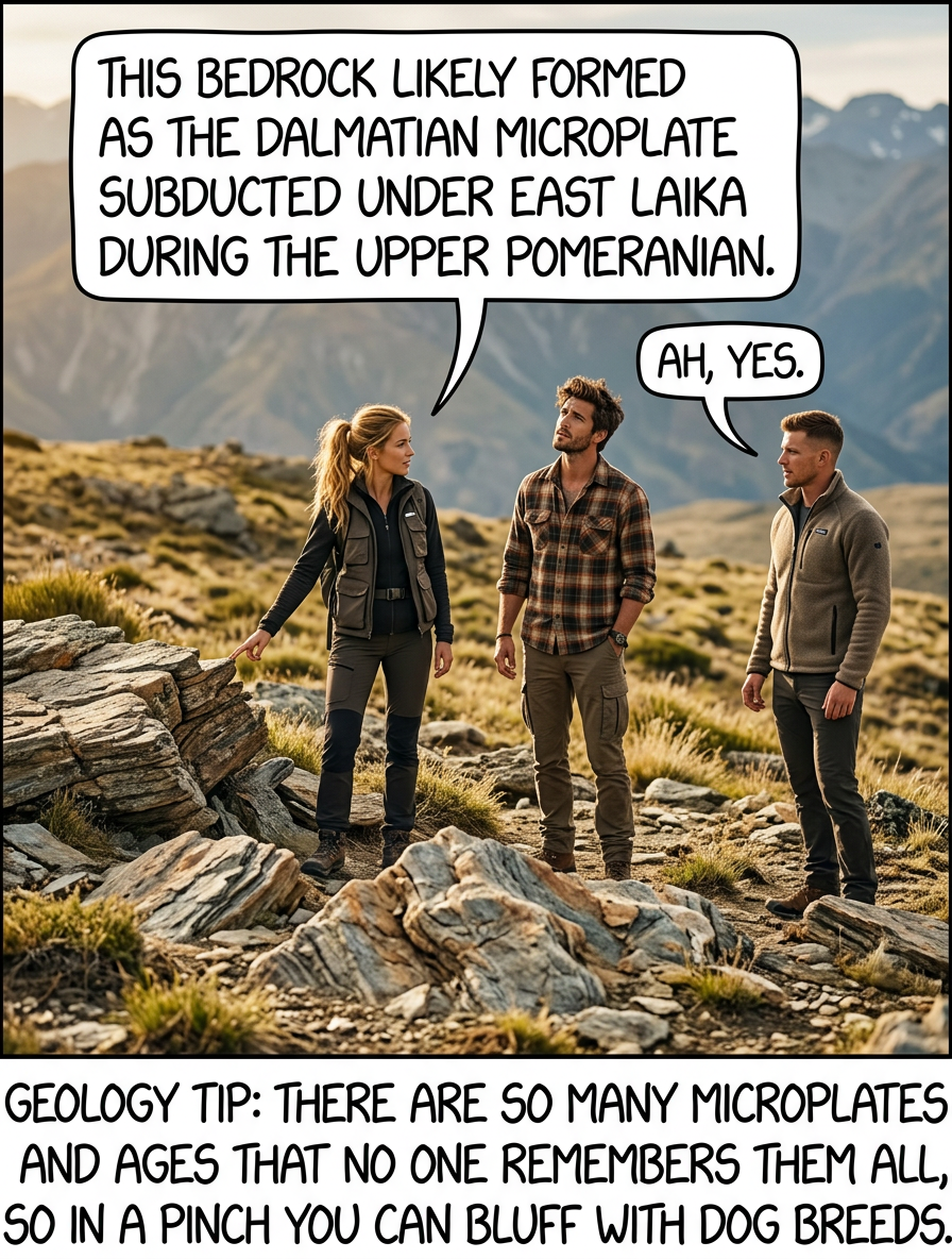 'The mountains near here formed when the ... Newfoundland ... microplate collided with, uhh ... Labrador.' 'Ok, now you're definitely just naming dogs.' 'Wait, no, that's actually almost correct.'