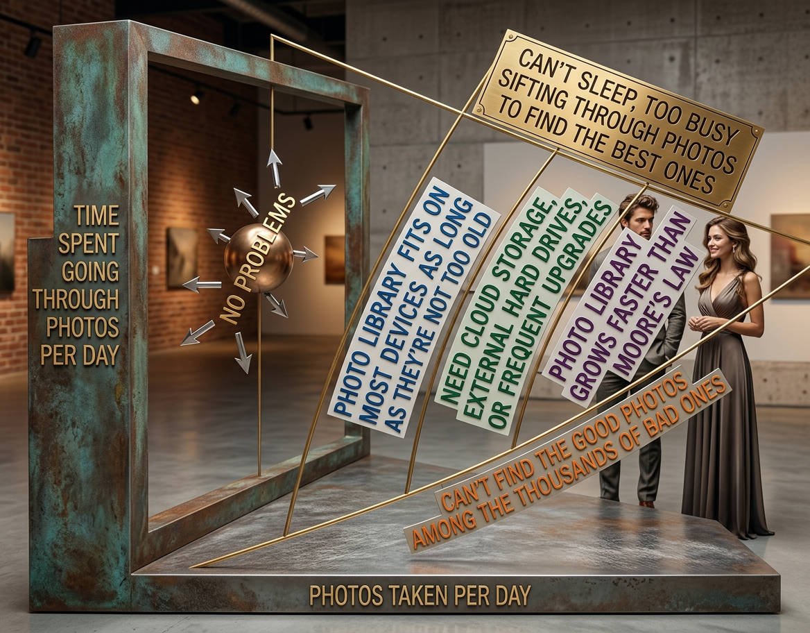 A good lifehack is to use messy and unstable systems to organize your photos. That way, every five years or so it becomes obsolete and/or collapses, and you have to open it up and pick only your favorite pictures to salvage.