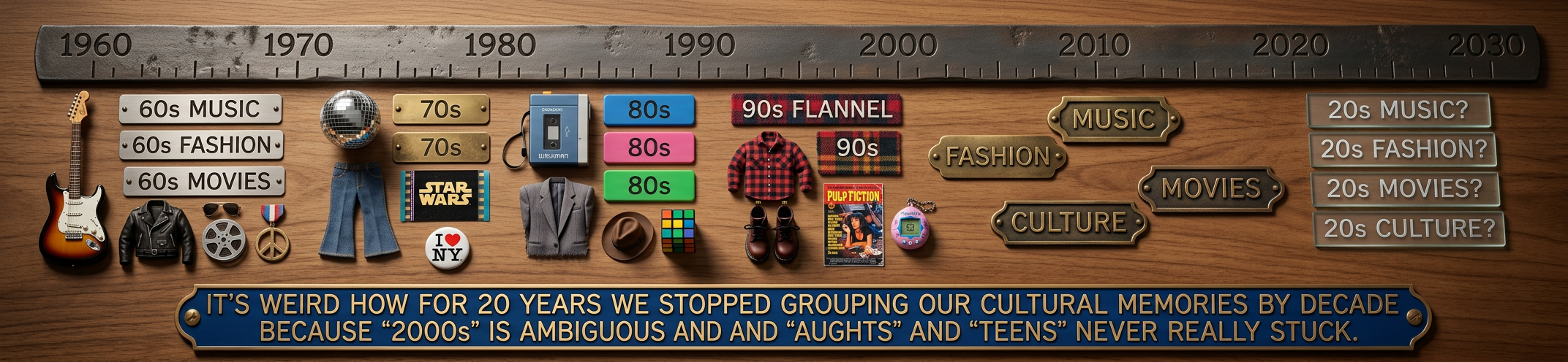 In the 90s, our variety radio station used the tagline "the best music of the 70s, 80s, and 90s." After 2000, they switched to "the best music of the 80s, 90s, and today." I figured they'd change again in 2010, but it's 2017 and they're still saying "80s, 90s, and today." I hope radio survives long enough for us to find out how they deal with the 2020s.